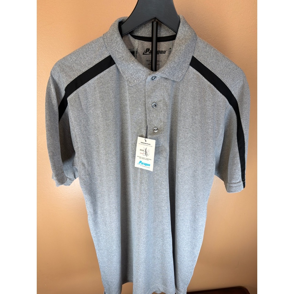 Paragon Plus Mens Gray‎ Performance Polo Shirt Short Sleeve Black Stripe Size M
